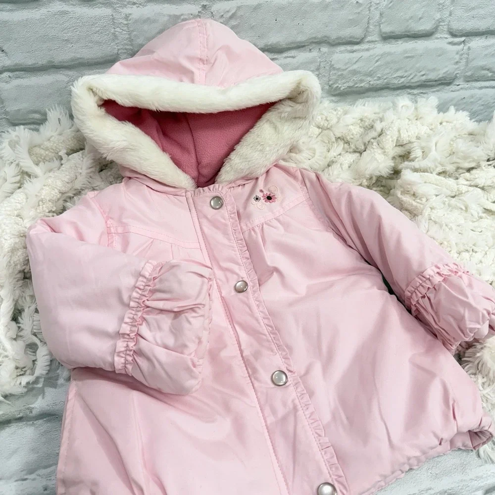 Carters Baby Girls 24M Pink Puffer‎ Jacket Coat  Embroidered Flowers Fur Hood